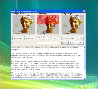 Screenshot of our SSuite Picsel Encryption App, uses steganography to encrypt text messages for absolute security.